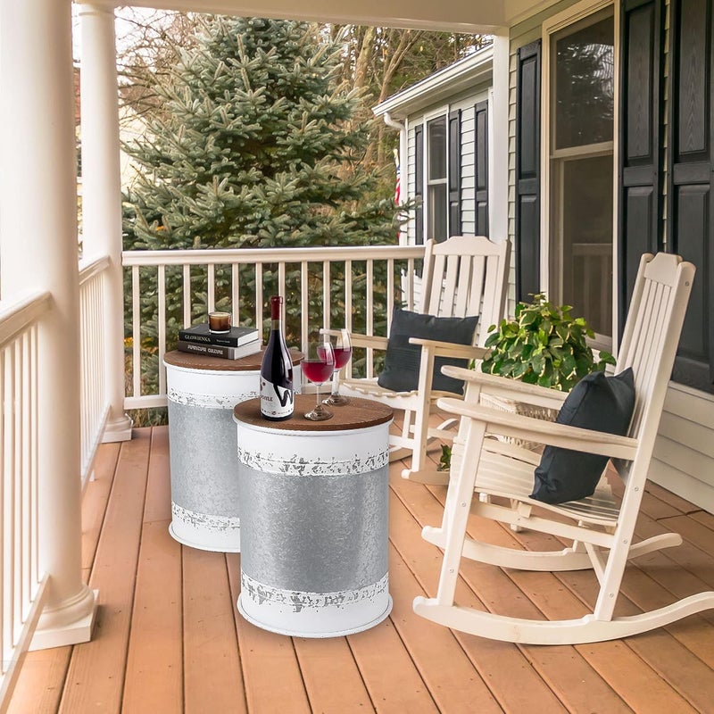 RUSTOWN Farmhouse Accent Side Table, Rustic Storage Ottoman Seat Stool, Galvanized Antique Metal End Table Box Bin with Round Wood Lid, Coffee or Cocktail Table, Nesting Pieces Two (White Distressed) - Image 4